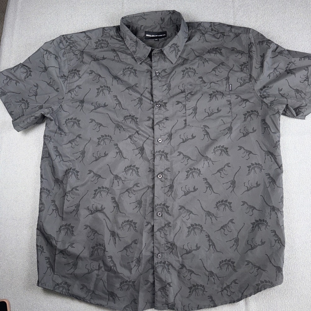Molokai Surf Co Mens Short Sleeve Button Up Grey Shirt 2XL Dinosaur Print